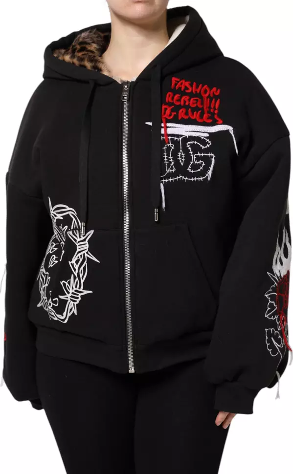 Black Embroidered Full Zip Hooded Jacket