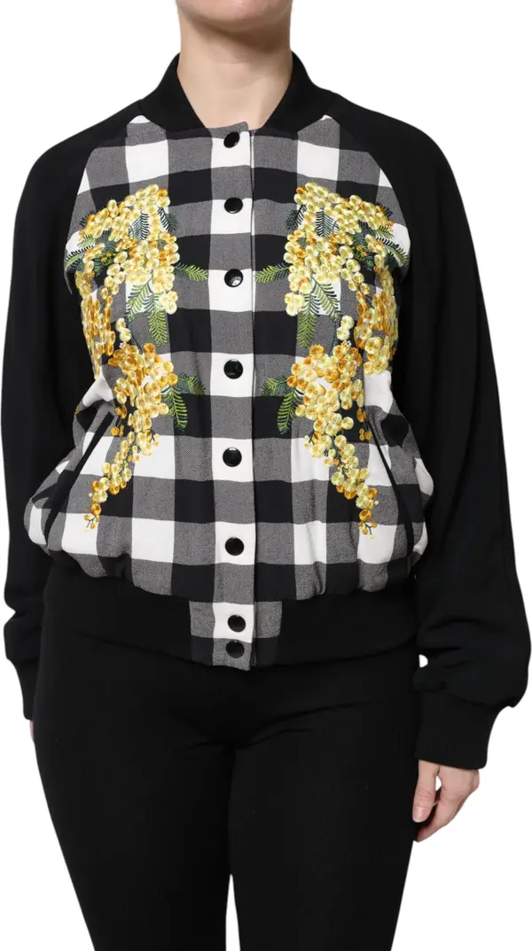 Black White Check Floral Button Down Jacket