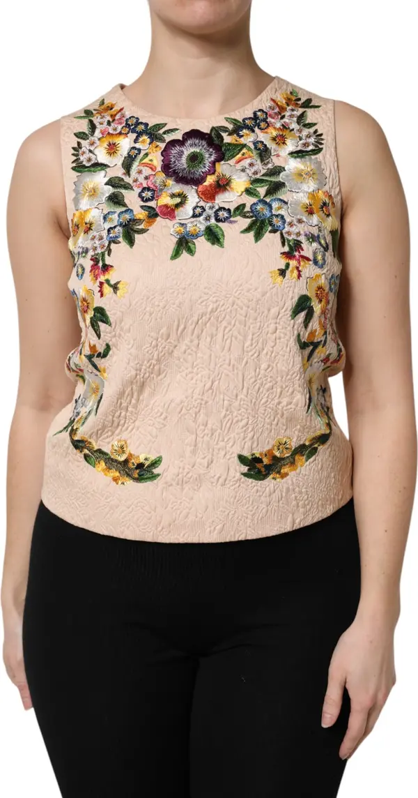 Beige Floral Embroidery Sleeveless Tank Top