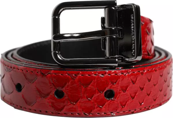 Red Exotic Leather Brass Metal Buckle Belt
