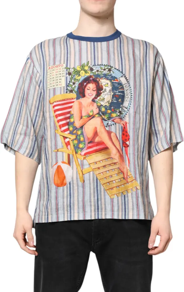 Multicolor Striped Pin Up Linen Round Neck T-shirt