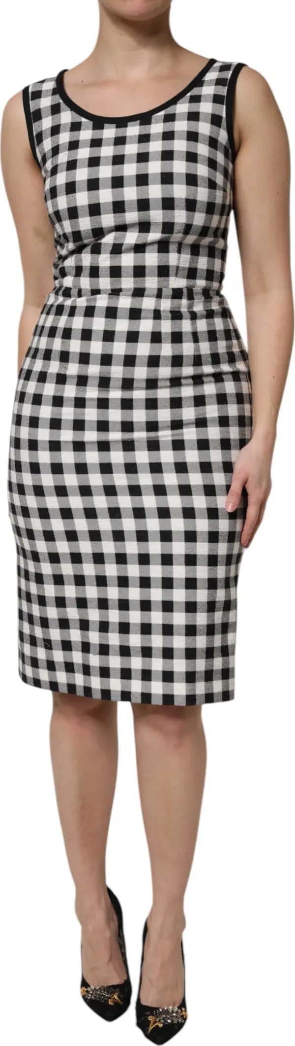 White Black Checkered Sleeveless Sheath Dress