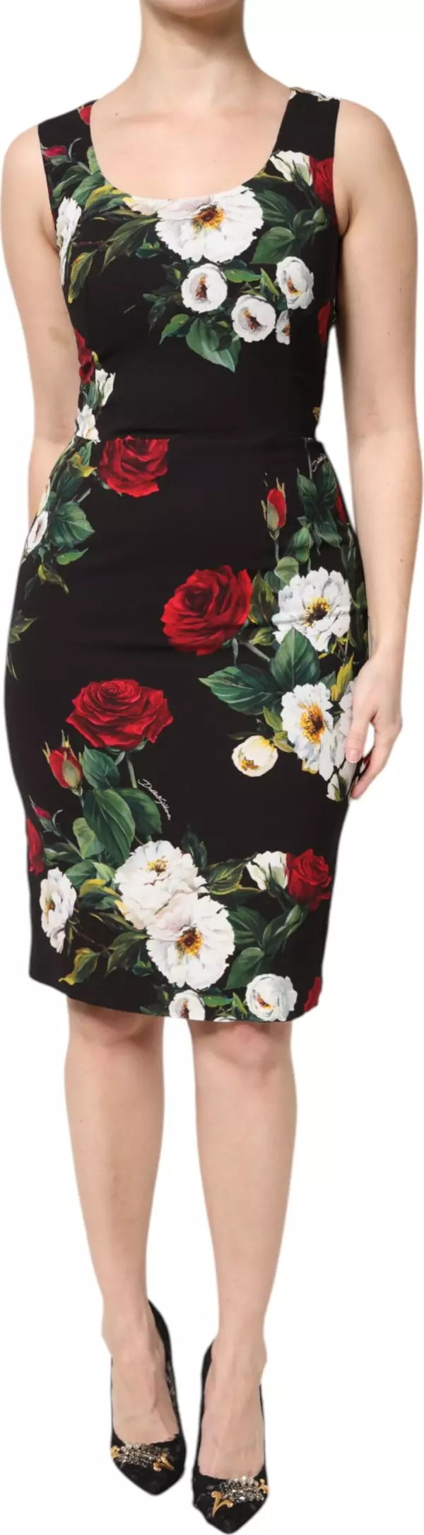 Black Floral Print Sleeveless Sheath Dress