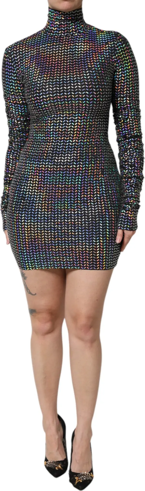 Black Embellished Nylon Bodycon Mini Dress