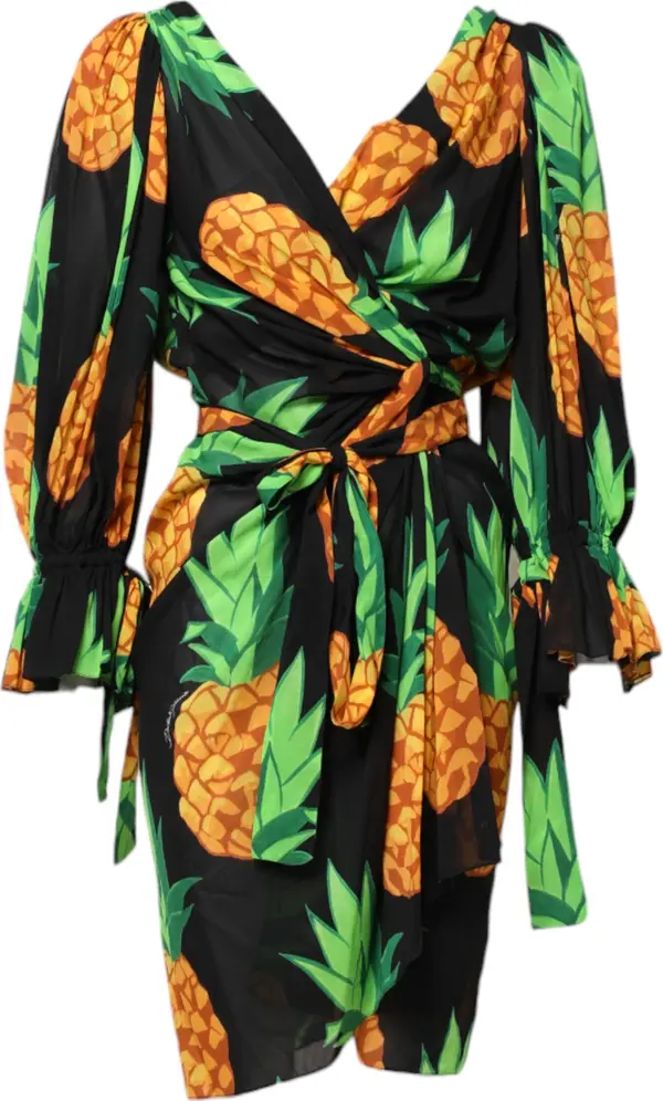 Black Pineapple Print Silk Wrap Mini Dress