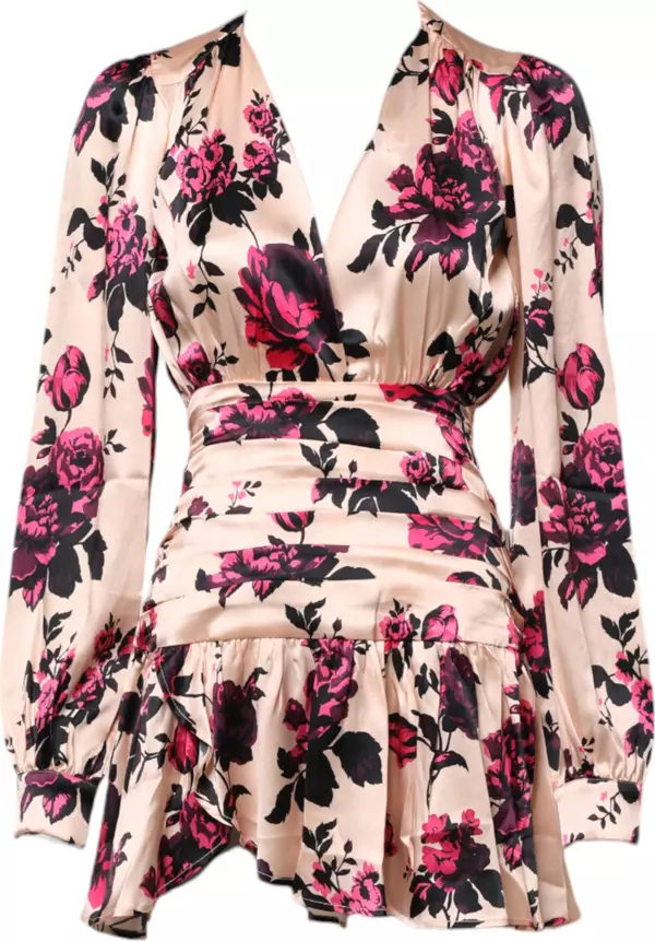 Pink Floral Silk Long Sleeves V-neck Wrap Mini Dress