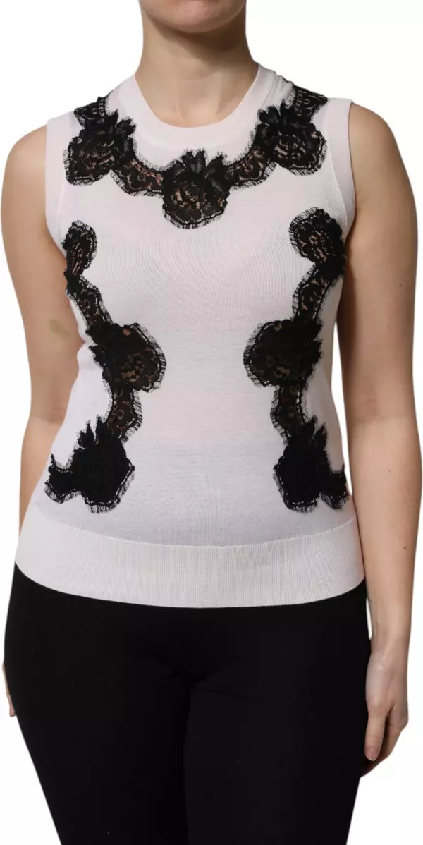 White Cashmere Floral Lace Detailing Tank Top