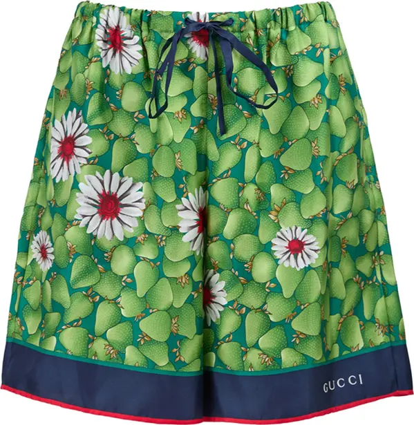 Green Flower Printed Silk Shorts