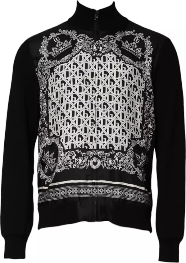 Black White Bandana Print Full Zip Sweater