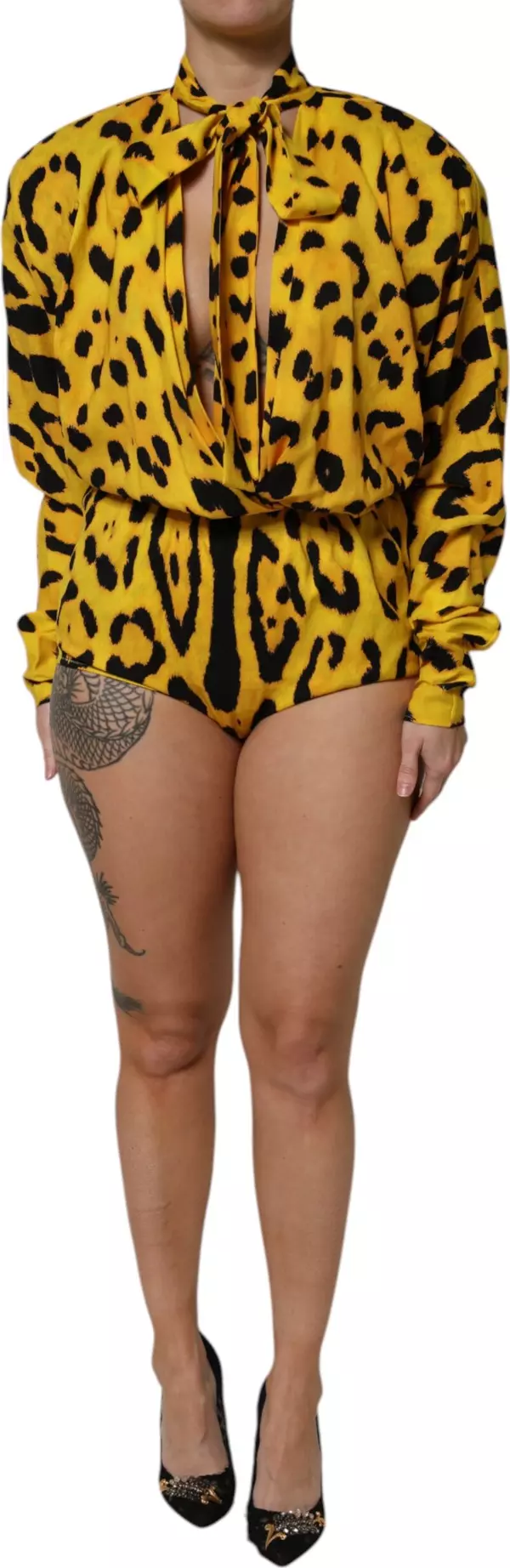 Yellow Leopard Long Sleeves Jumpsuit Dress