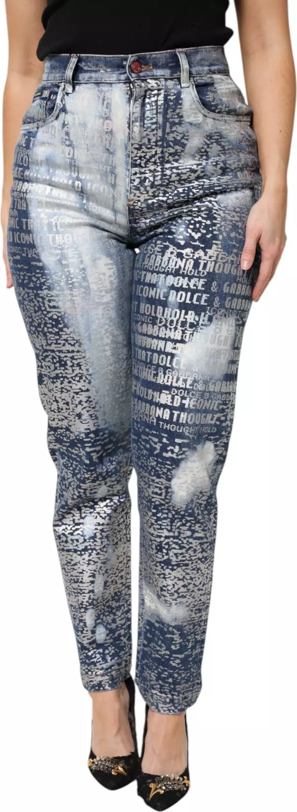 Blue Washed Print High Waist Denim Jeans