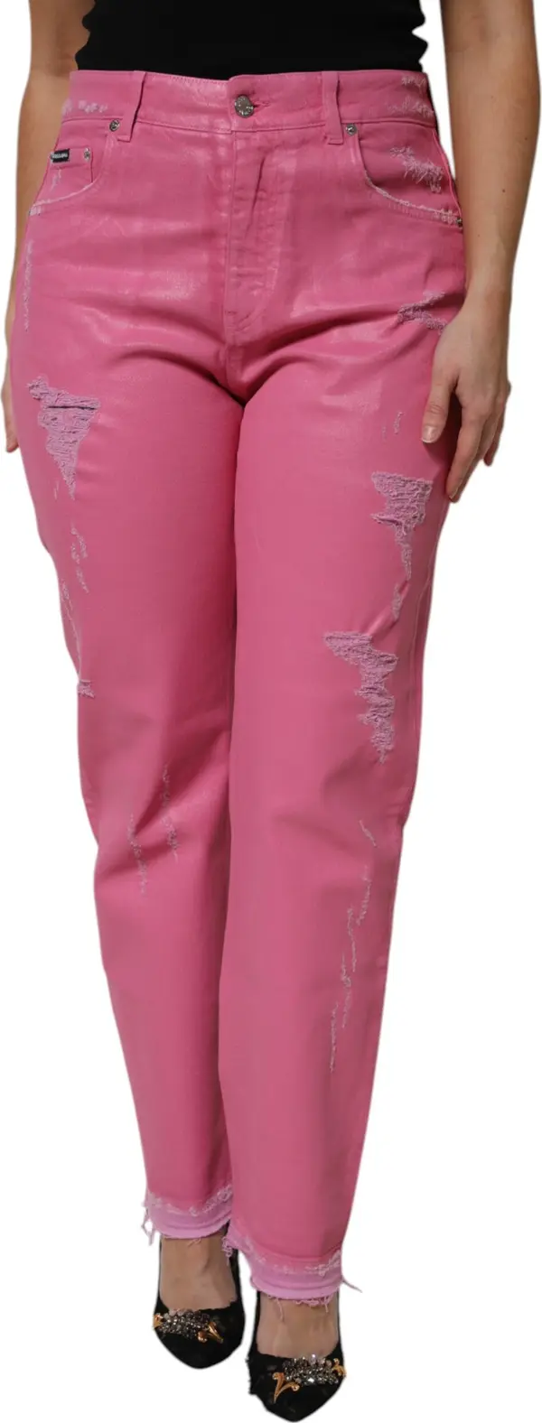 Pink Tattered Mid Waist Tapered Denim Jeans