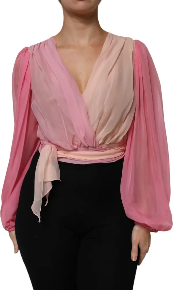 Pink Plunging V-neck Long Sleeves Blouse Top