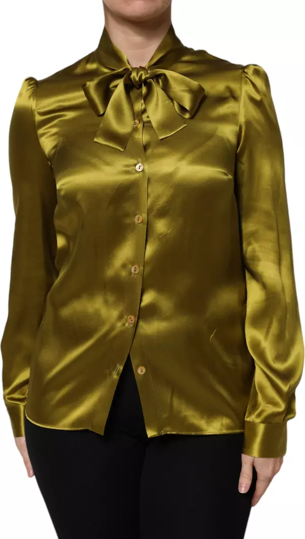 Green Ascot Collar Long Sleeves Blouse Top