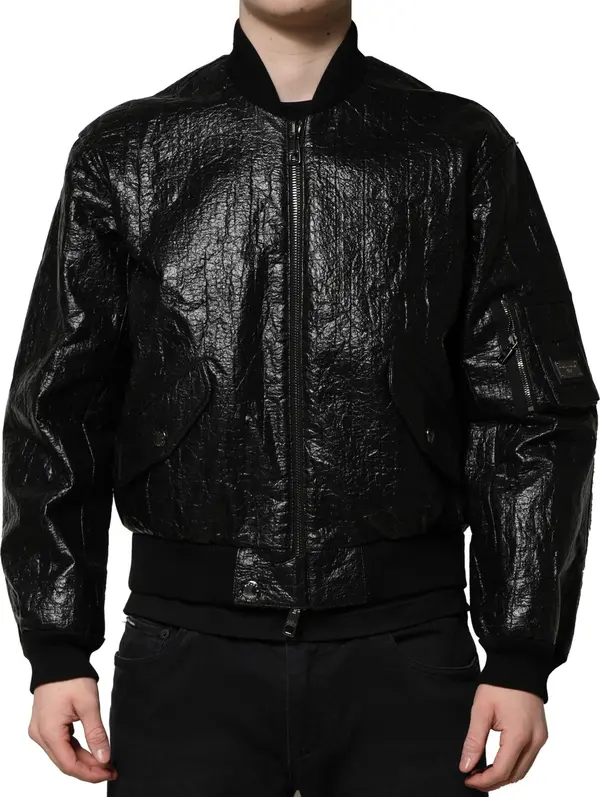 Black Logo Plaque Bomber Full Zipper Jacket