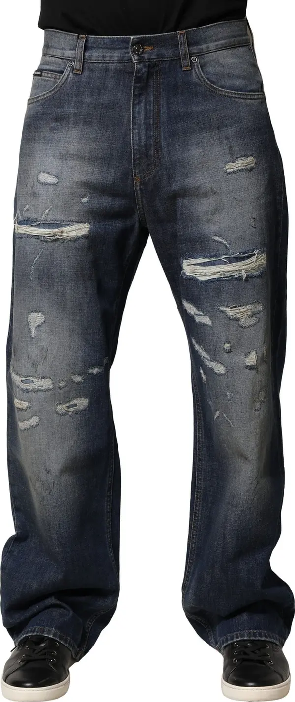 Blue Washed Tattered Cotton Men Jeans