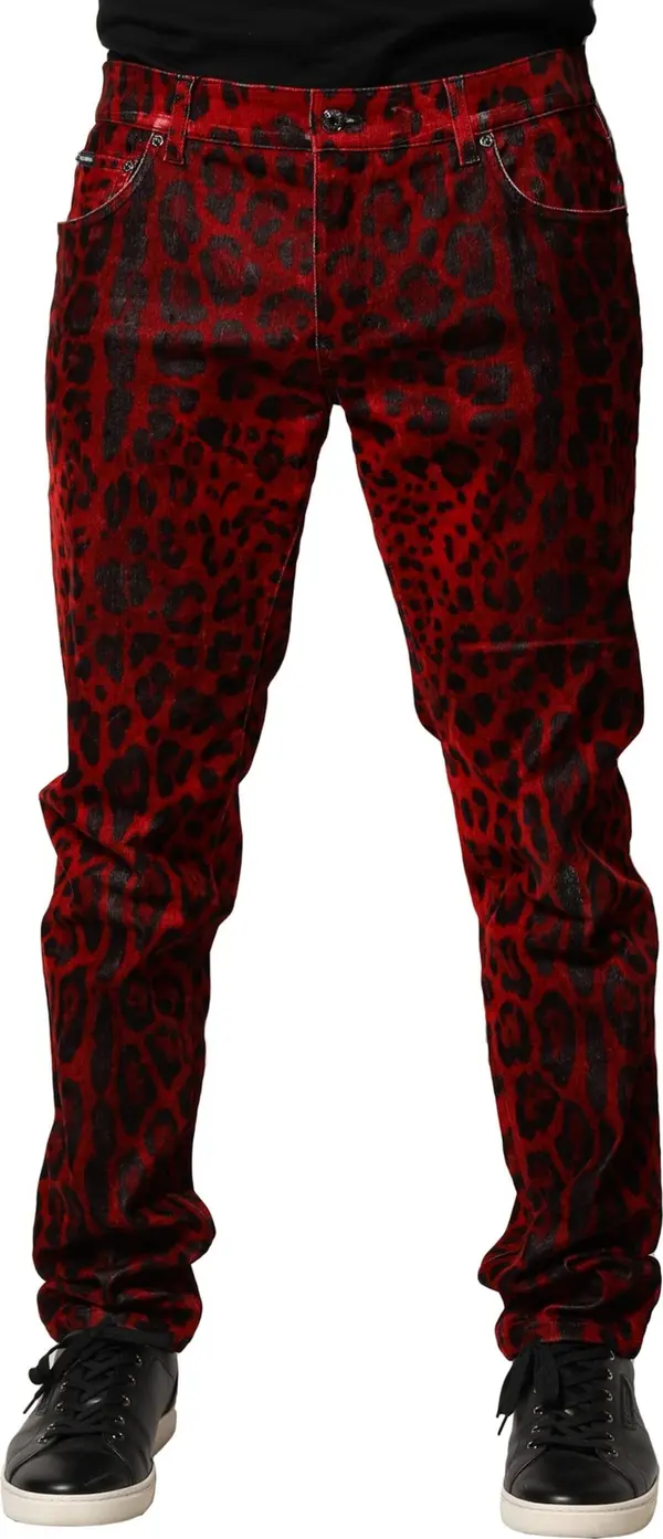 Red Leopard Print Cotton Skinny Denim Jeans