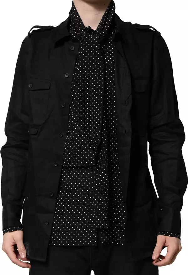 Black Polka Dot Collar Tie Neck Casual Shirt