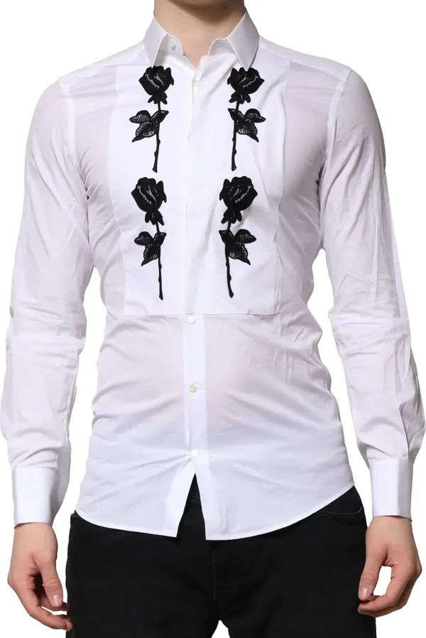 White Floral Embroidery Men GOLD Formal Shirt