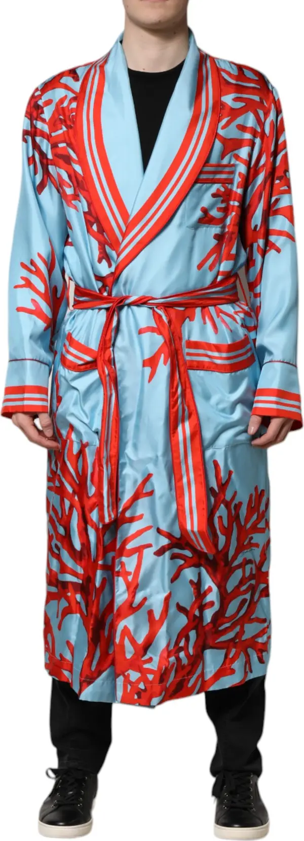 Blue Red Coral Print Wrap Robe Coat Jacket