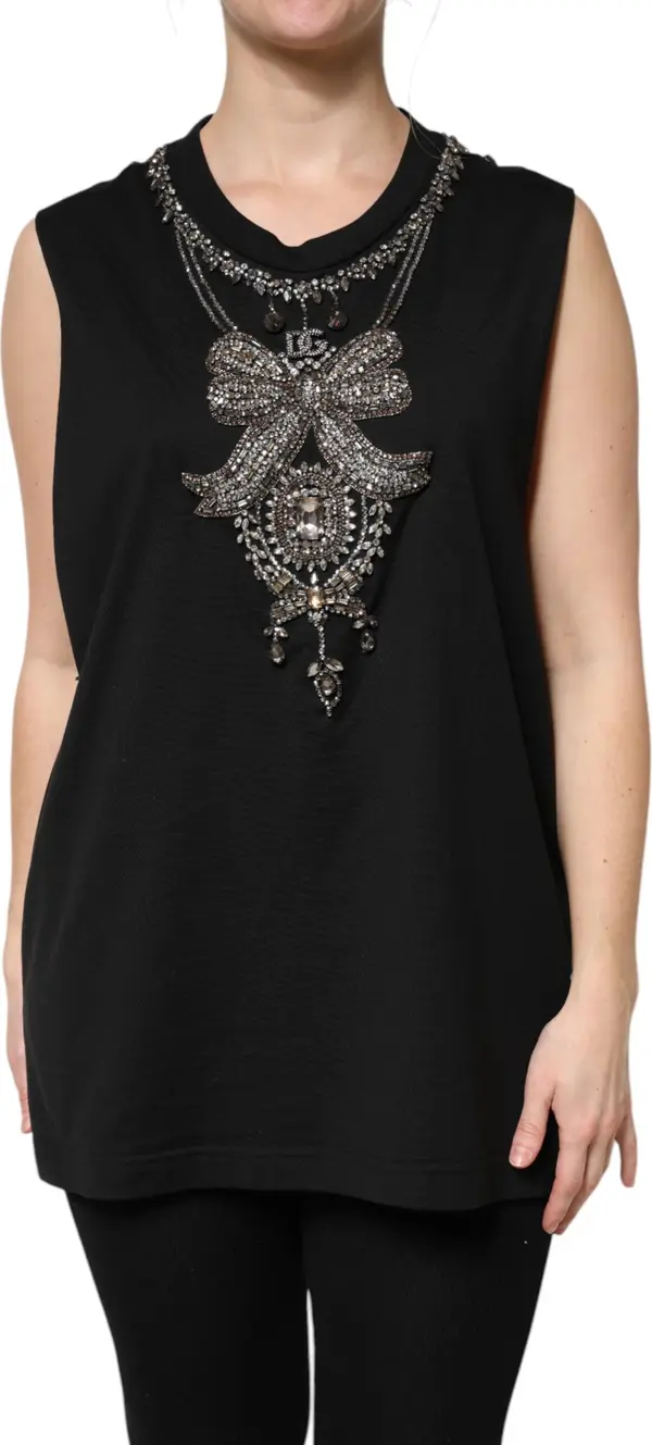 Black Cotton Rhinestone Embellished Tank Top
