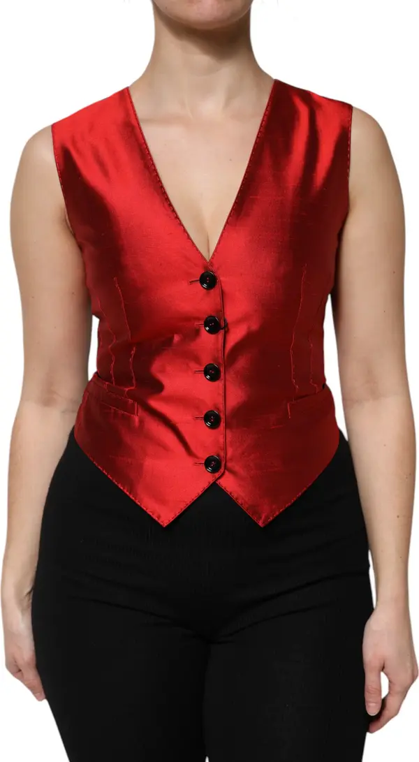 Red Black Button Down Sleeveless Vest Top