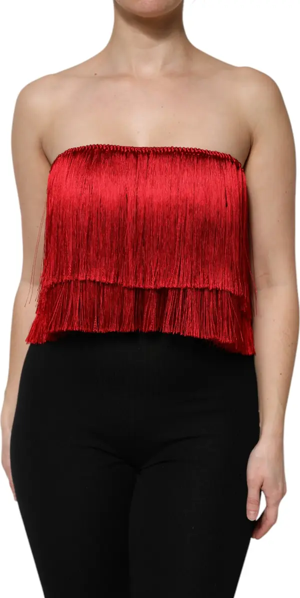 Red Silk Strapless Fringe Crop Tube Top