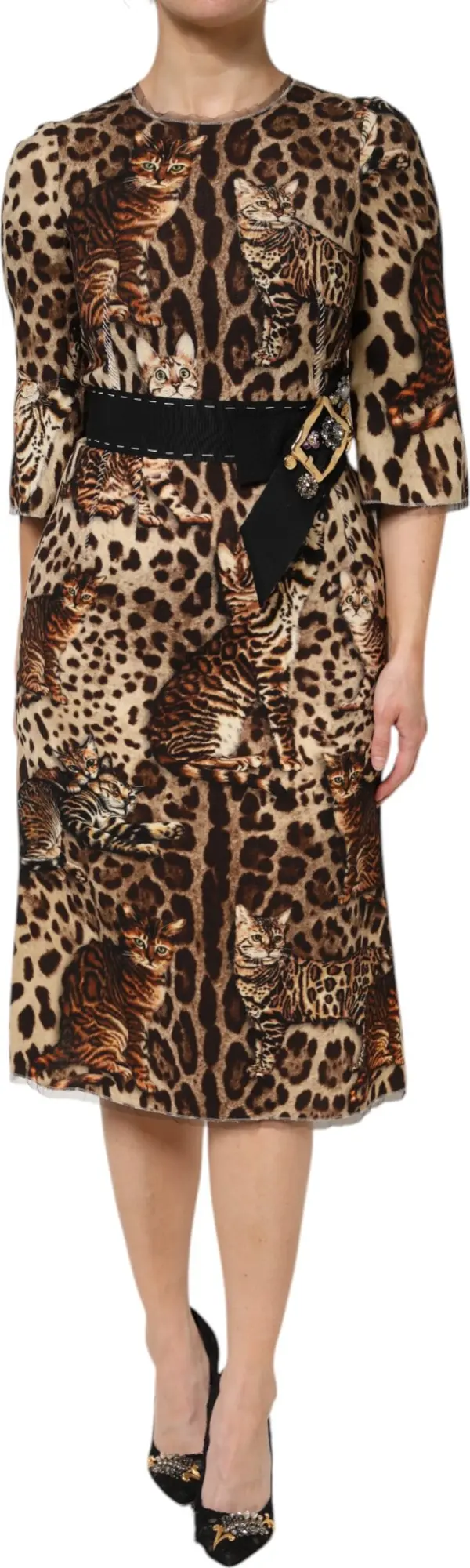 Brown Leopard Print Belted A-line Midi Dress