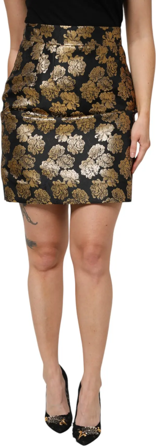 Black Gold Floral Print Jacquard Mini Skirt