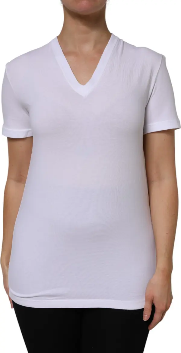 White Cotton Short Sleeves V-Neck Top T-shirt