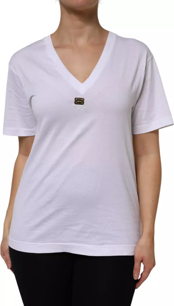 White Cotton Short Sleeve V-Neck Top T-shirt