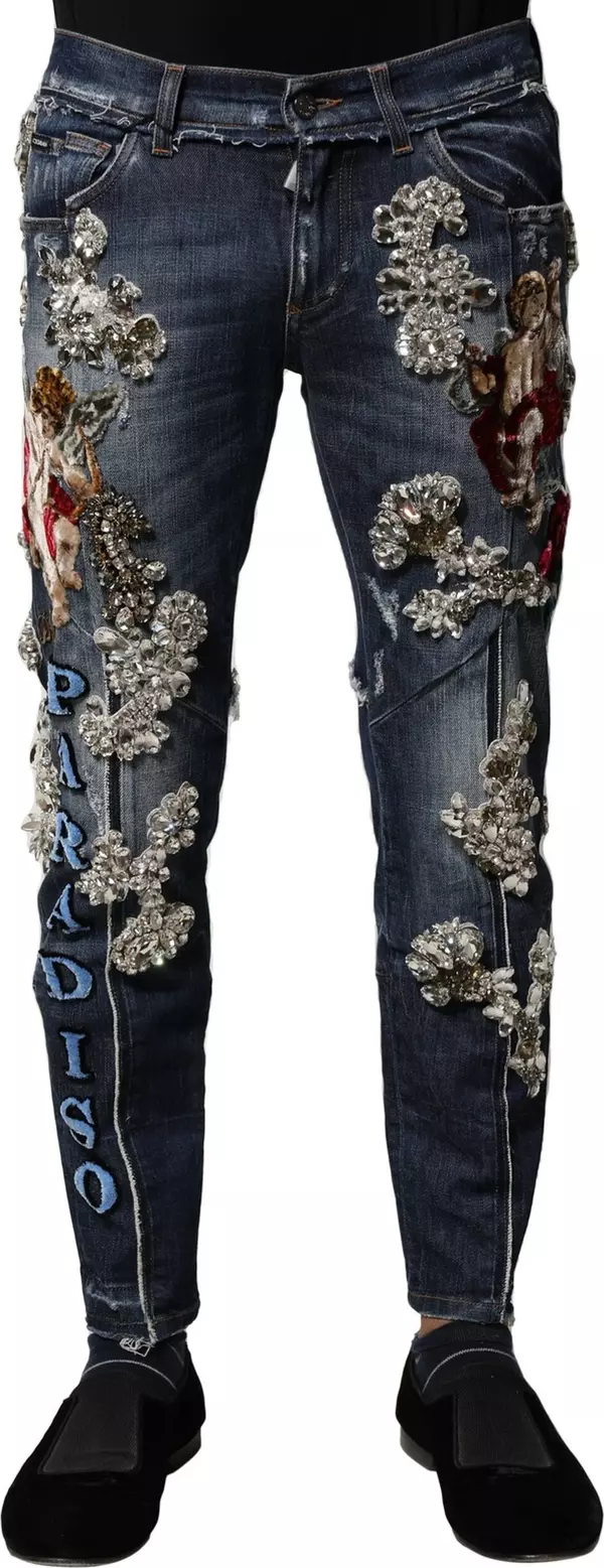 Blue Cotton Rhinestone Embellish Denim Jeans