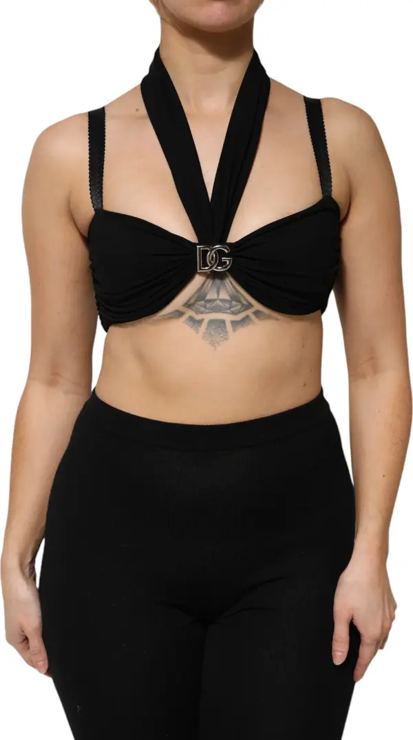 Black Cropped Viscose Halter Bustier Top