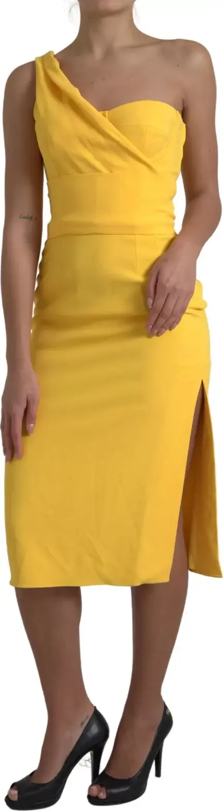 Yellow One Shoulder Side Slit Sheath Dress