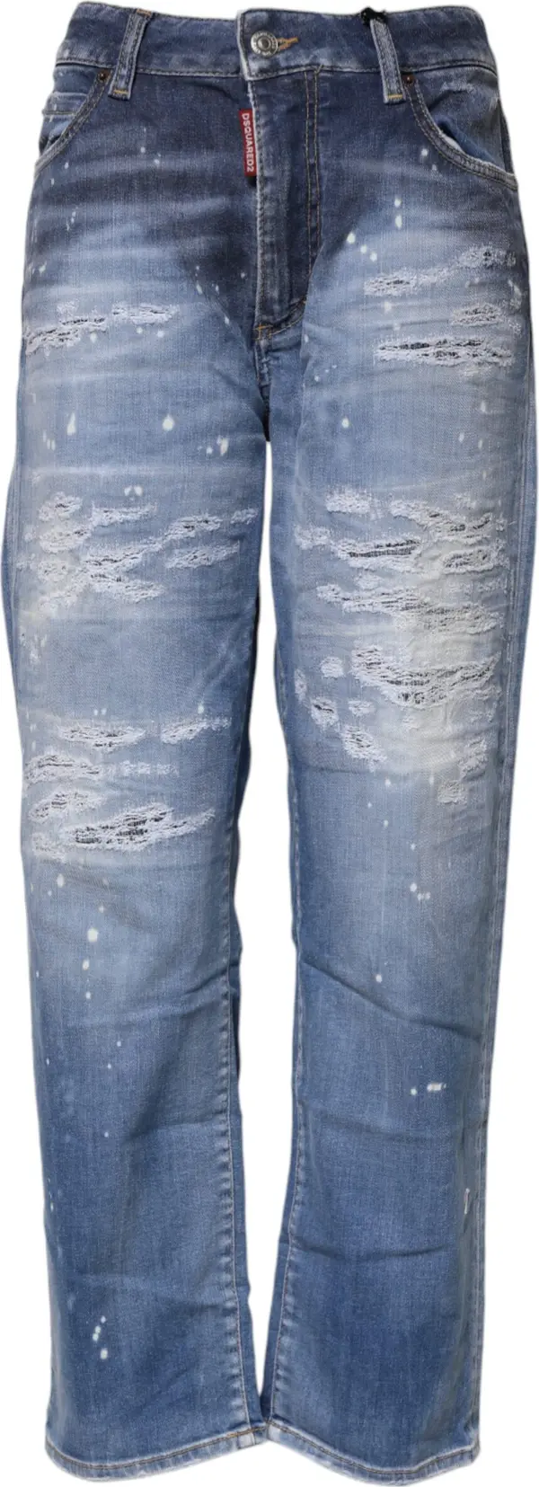 Blue Tattered Cotton Mid Waist Straight Denim Jeans