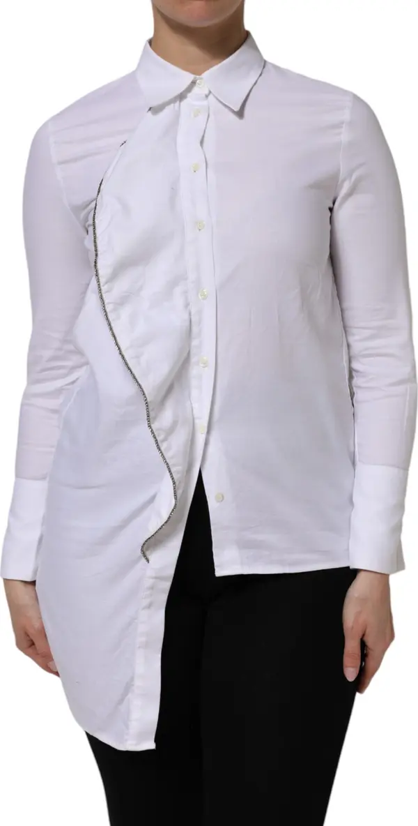 White Cotton Collared Long Sleeves Ruffle Top Shirt