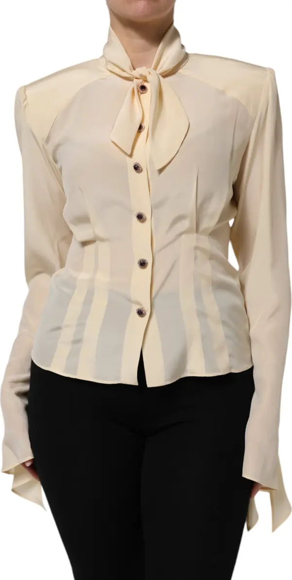 Light Yellow Silk Ascot Collared Blouse Top