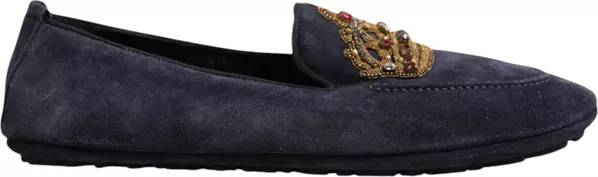 Blue Suede Crown Crystal Loafers Dress Shoes
