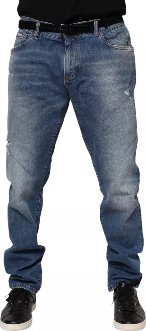 Blue Washed Cotton Logo Plaque Denim Jeans