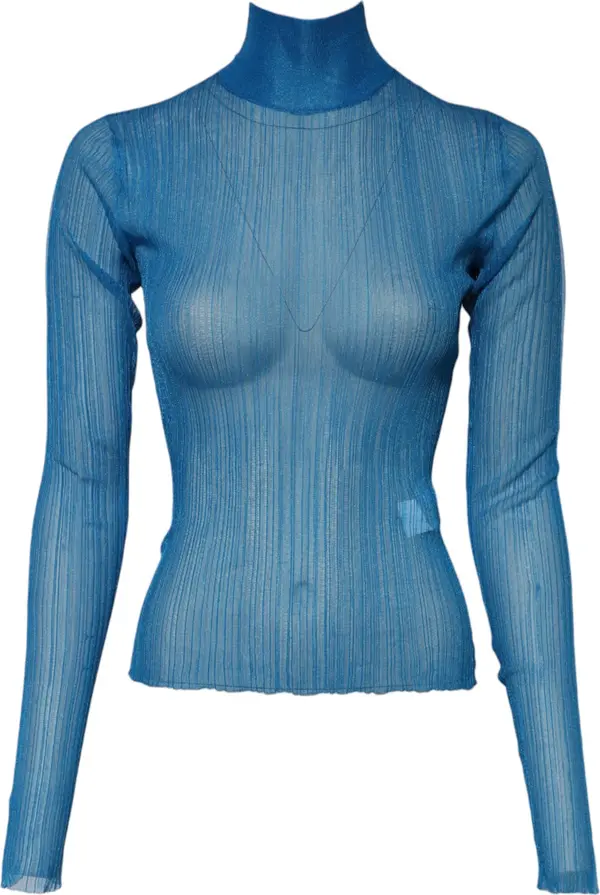 Blue See Through Turtleneck Long Sleeves Top