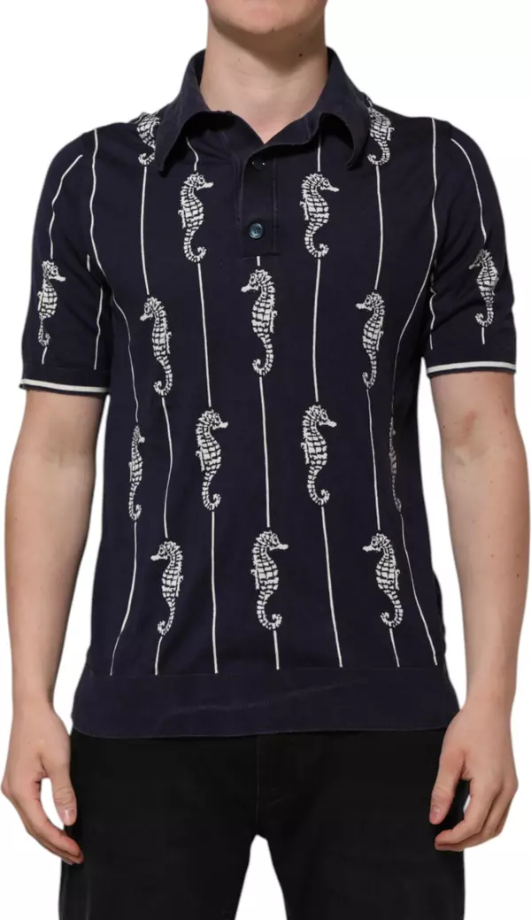 Dark Blue Sea Horse Collared Polo T-shirt