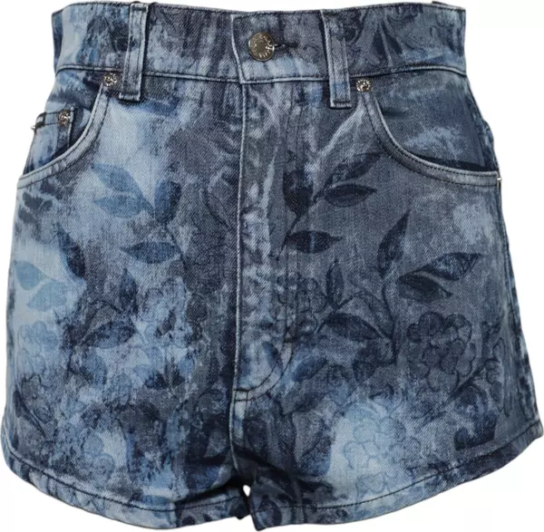 Blue Floral Print Denim Cotton Hot Pants Shorts