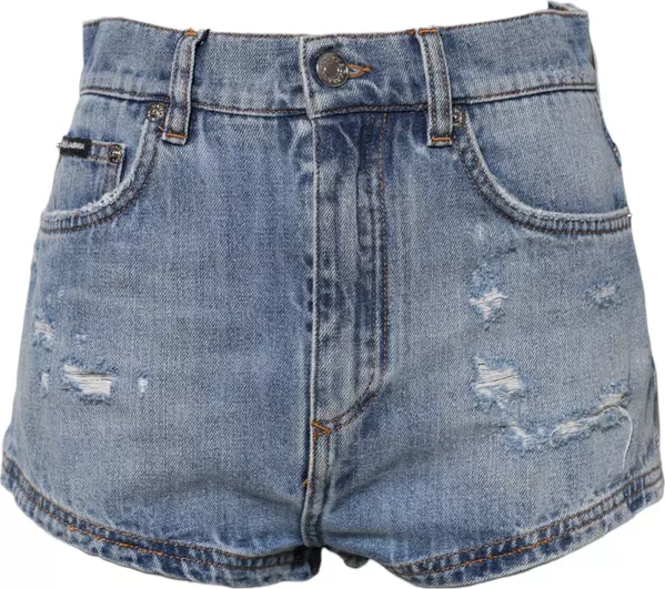 Blue Logo Plaque Denim Cotton Hot Pants Shorts