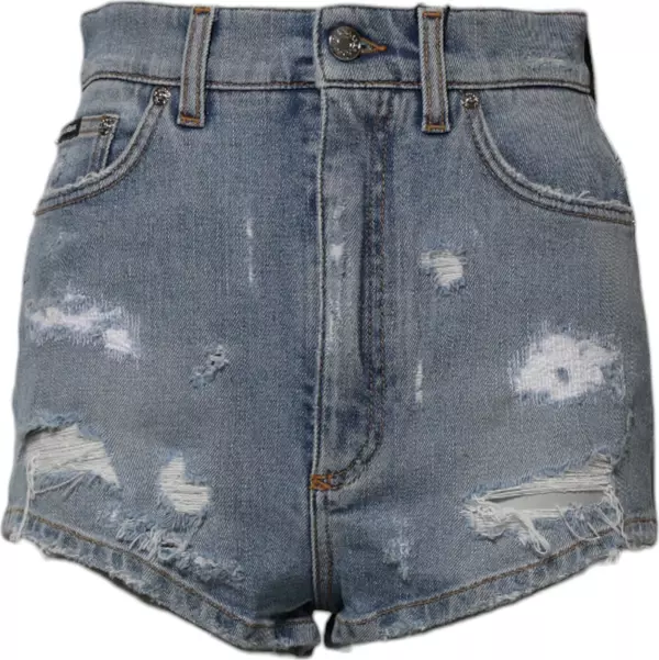 Blue Tattered Denim Cotton Hot Pants Shorts