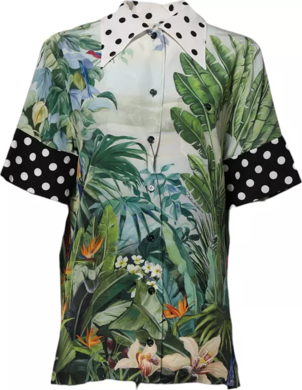 Multicolor Printed Silk Collared Shirt Top
