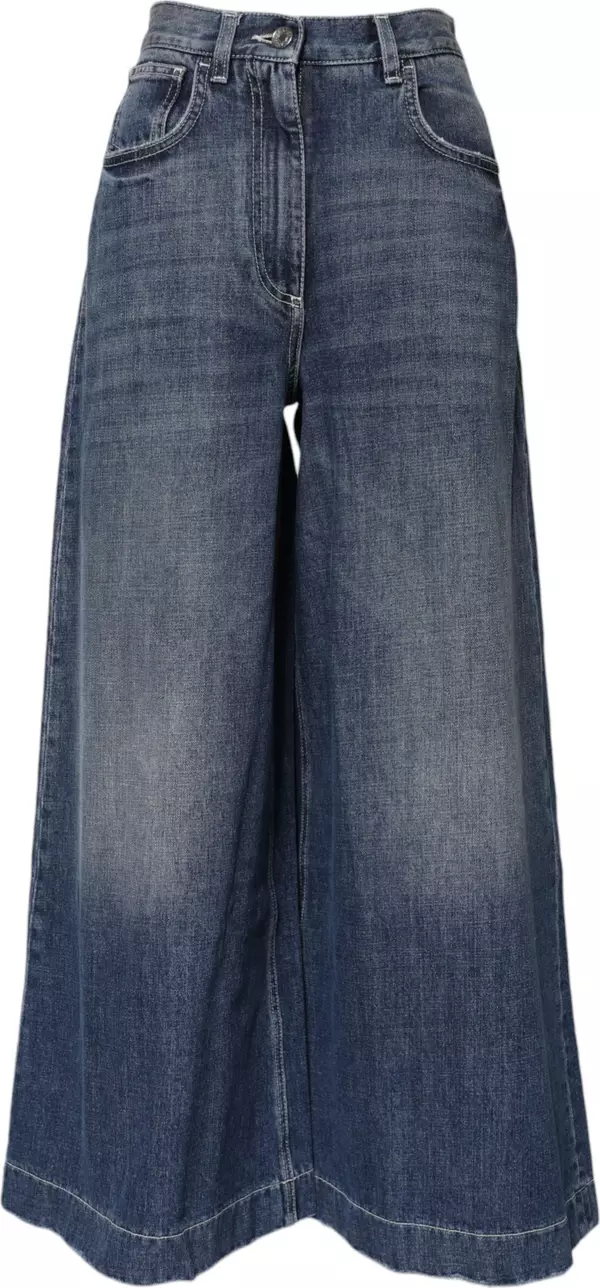Blue Cotton High Waist Wide Leg Denim Jeans