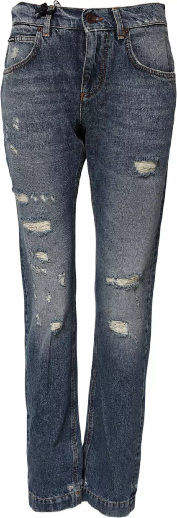 Blue Cotton Boyfriend Tattered Denim Jeans