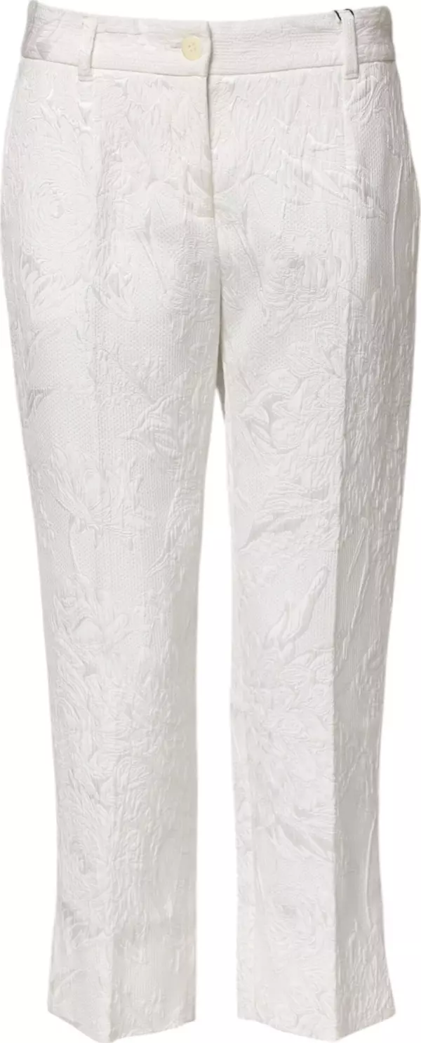 White Cotton Floral Jacquard Pants