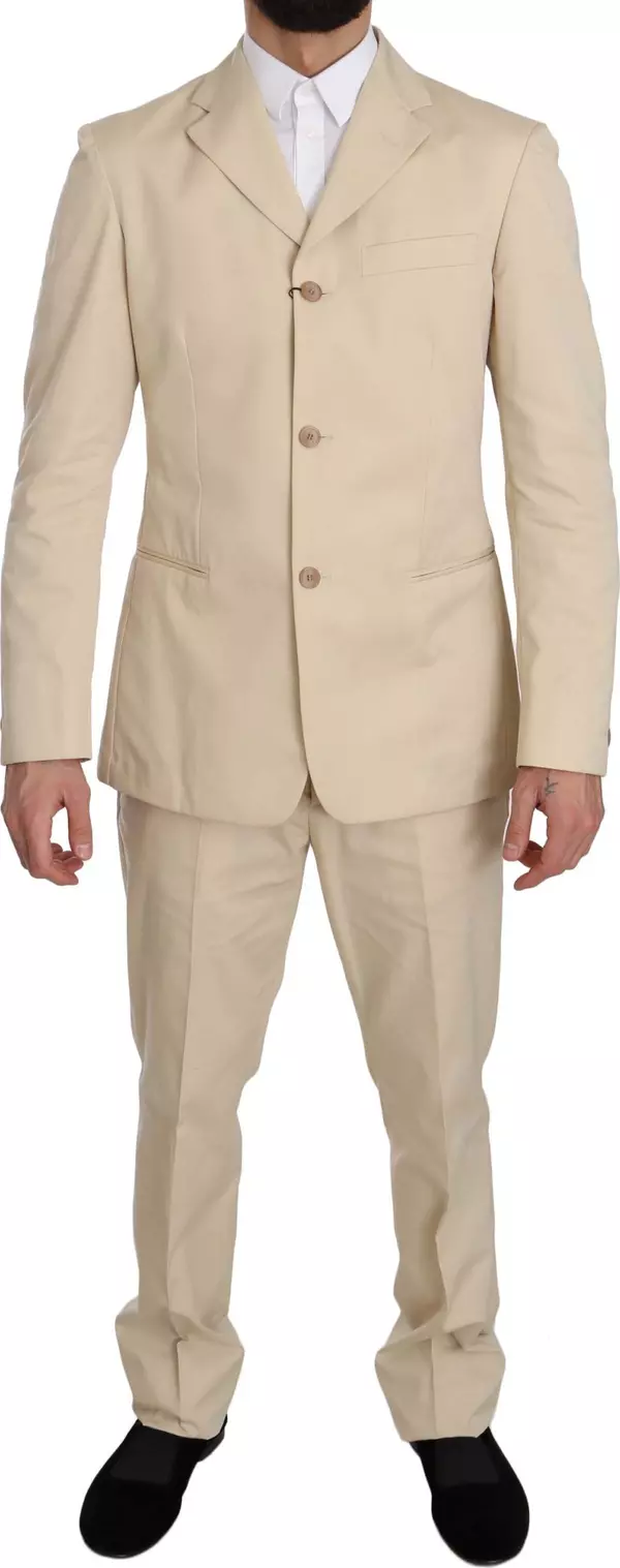 Two Piece 3 Button Beige Cotton Solid Suit