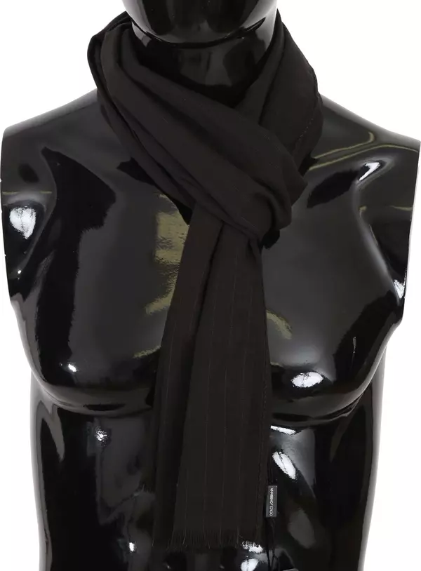 Dark Gray Virgin Wool Striped Pattern Wrap Scarf